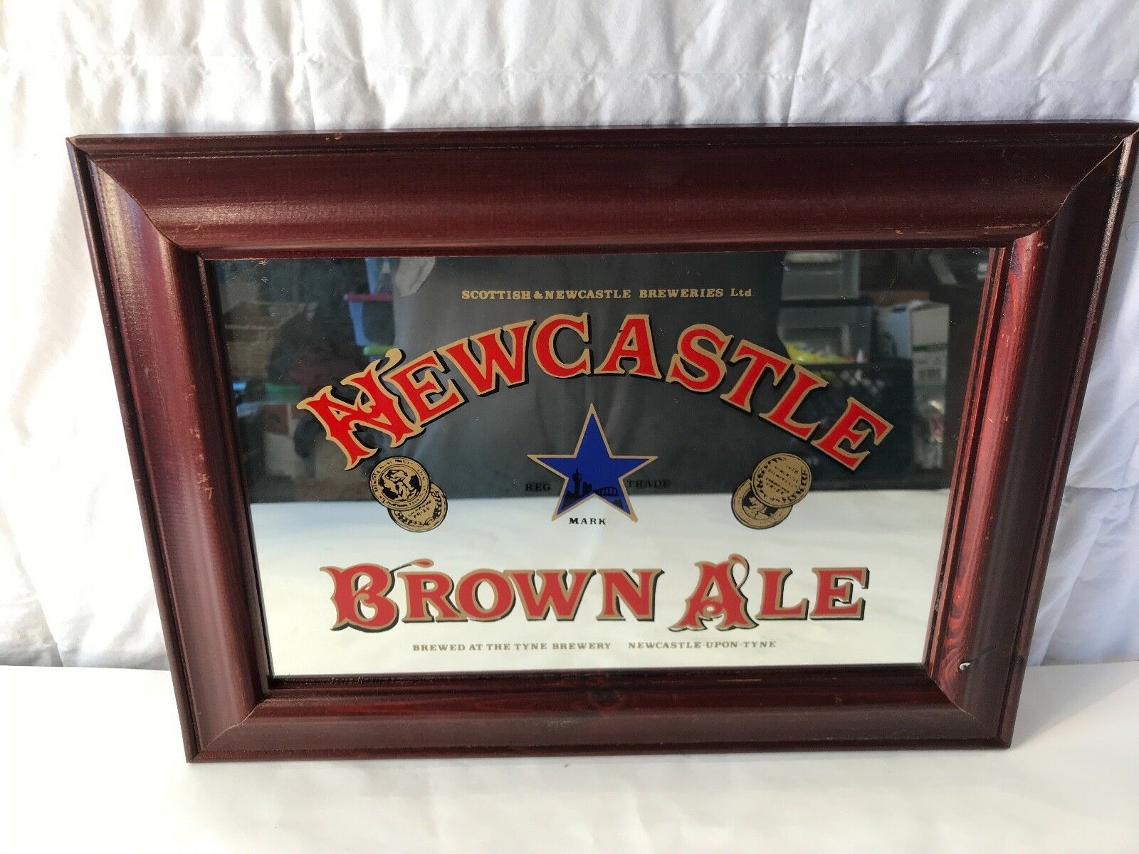 Vintage 21"x16" Newcastle Brown Ale Beer Sign Mirror Glass Wood