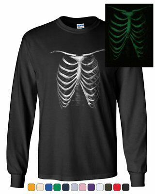 Rib Cage Glow in the Dark Long Sleeve T-Shirt Skeleton Halloween Bones Xray Tee