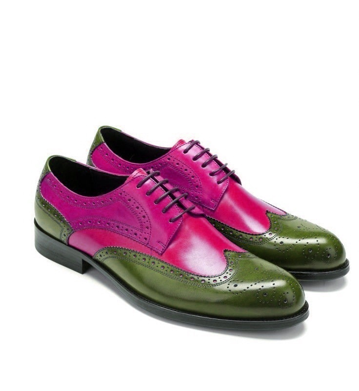 Luxury Oxford Pink Green Cont Genuine Leather Wingtip Brogue Handmade Men Shoes