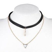 Gold Tone Black Faux Leather Choker Necklace & Faux Marble Pendant - $26.99
