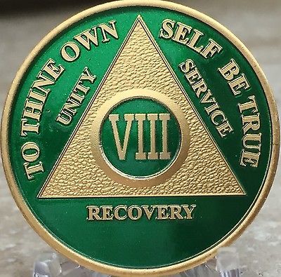 8 Year AA Medallion Green Gold Plated Alcoholics Anonymous Sobriety Chip Coin