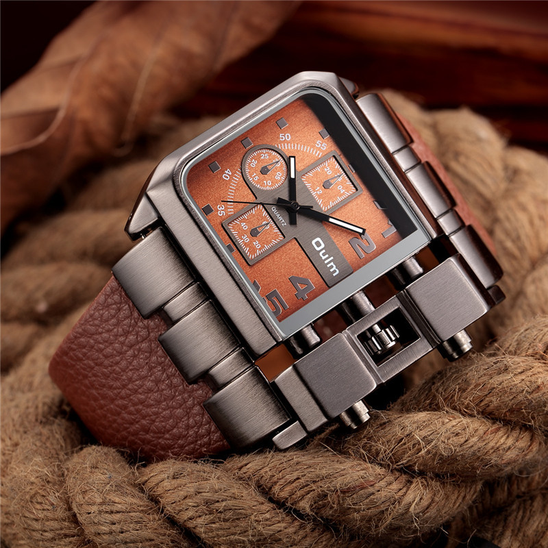 Square Men Wristwatch Wide Big Dial Casual Leather Steel Strap Quartz
