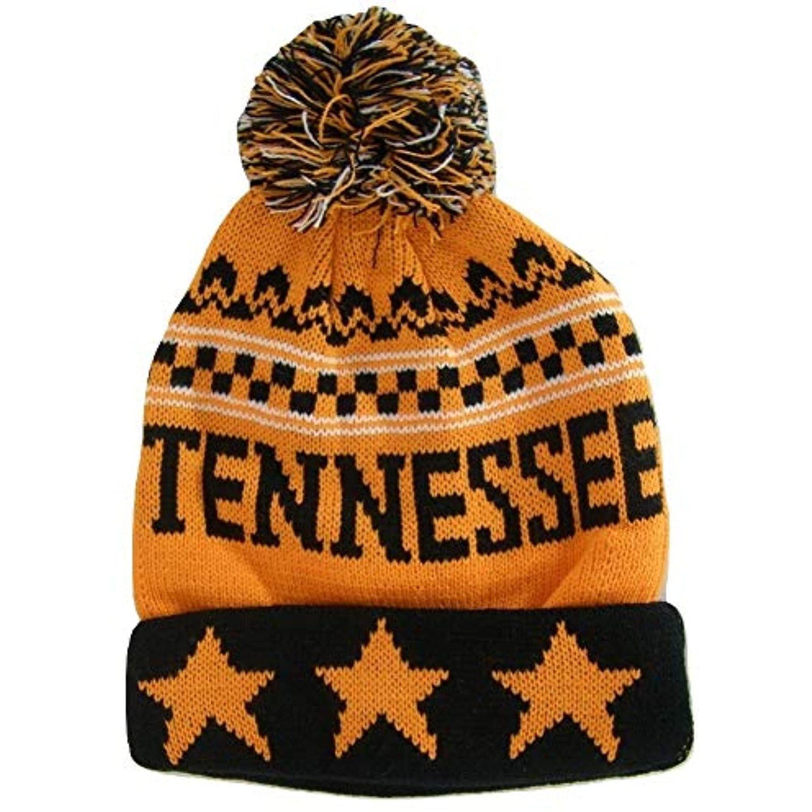Tennessee Large Stars Thick Winter Knit Pom Beanie Hat (Orange/Black)