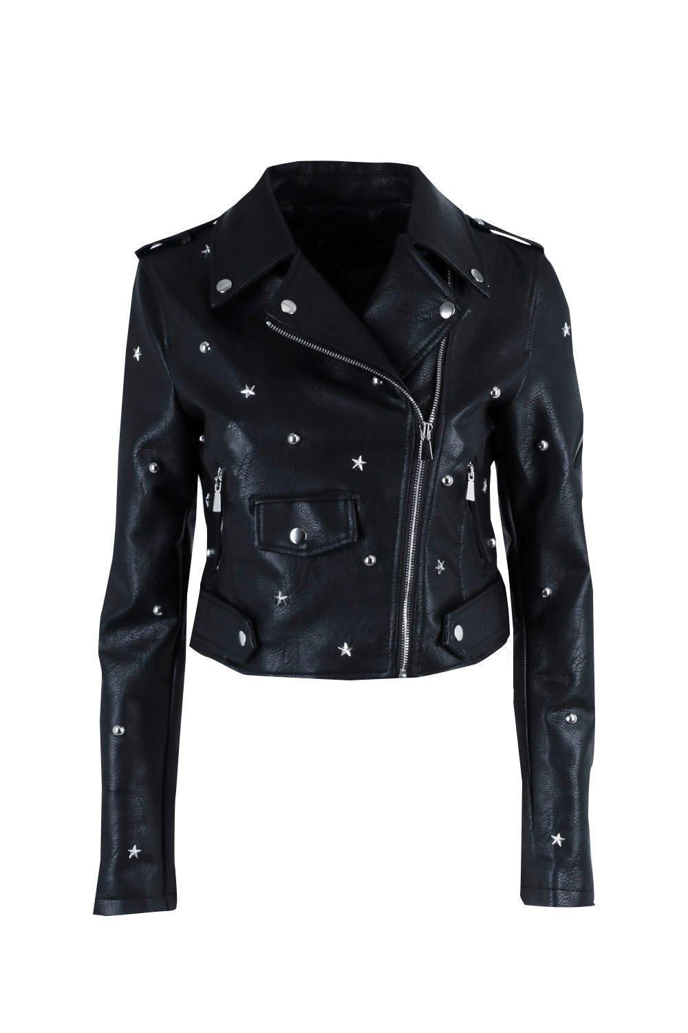 Image of New Woman Punk Style Star Studded Leather Jacket XS TO XL