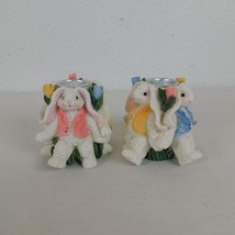 Dept 56 Pair Resin Easter Bunny Rabbit Taper Candle Holders Tulip Flower... - $17.42