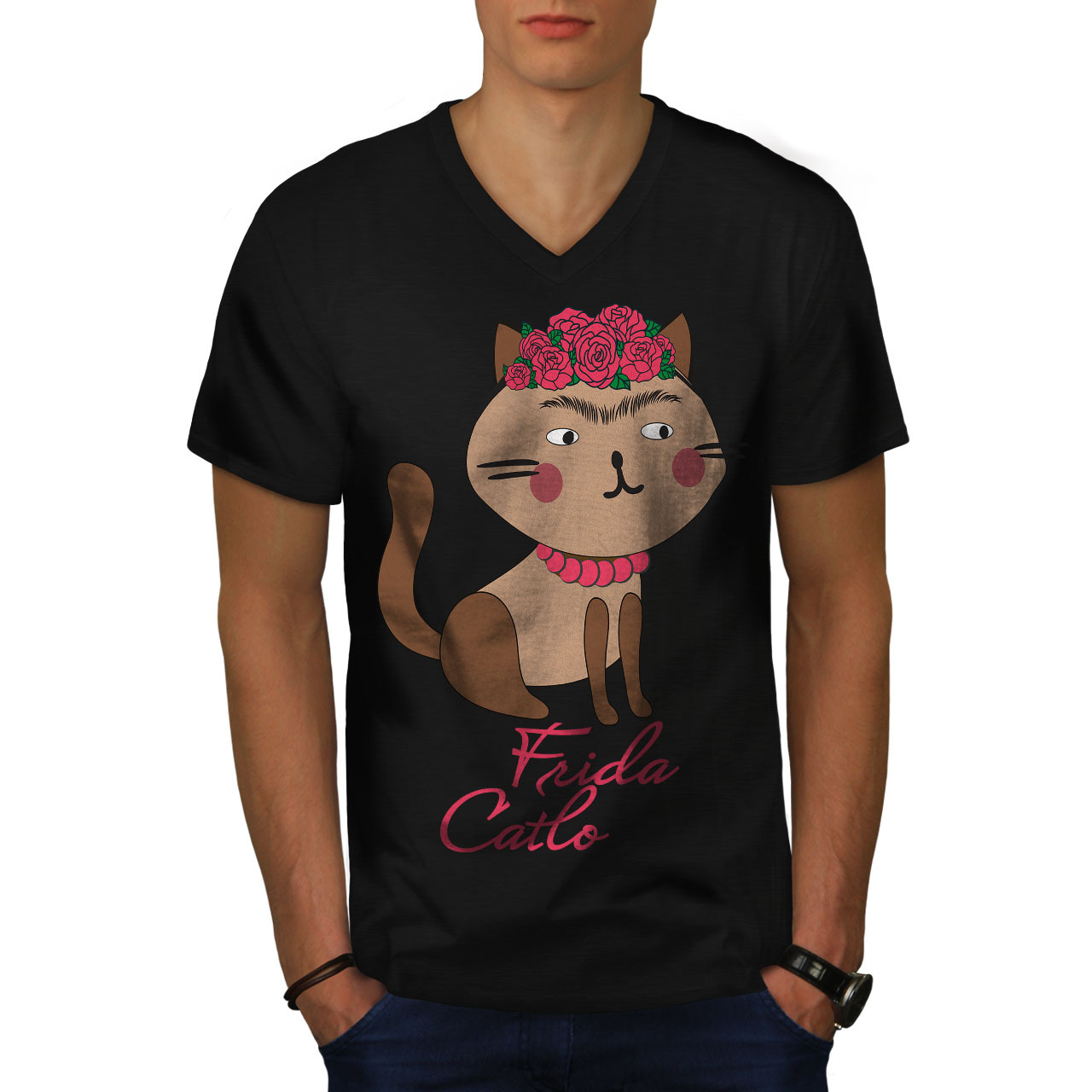 Primary image for Frida Kahlo Cat Shirt Funny Men V-Neck T-shirt