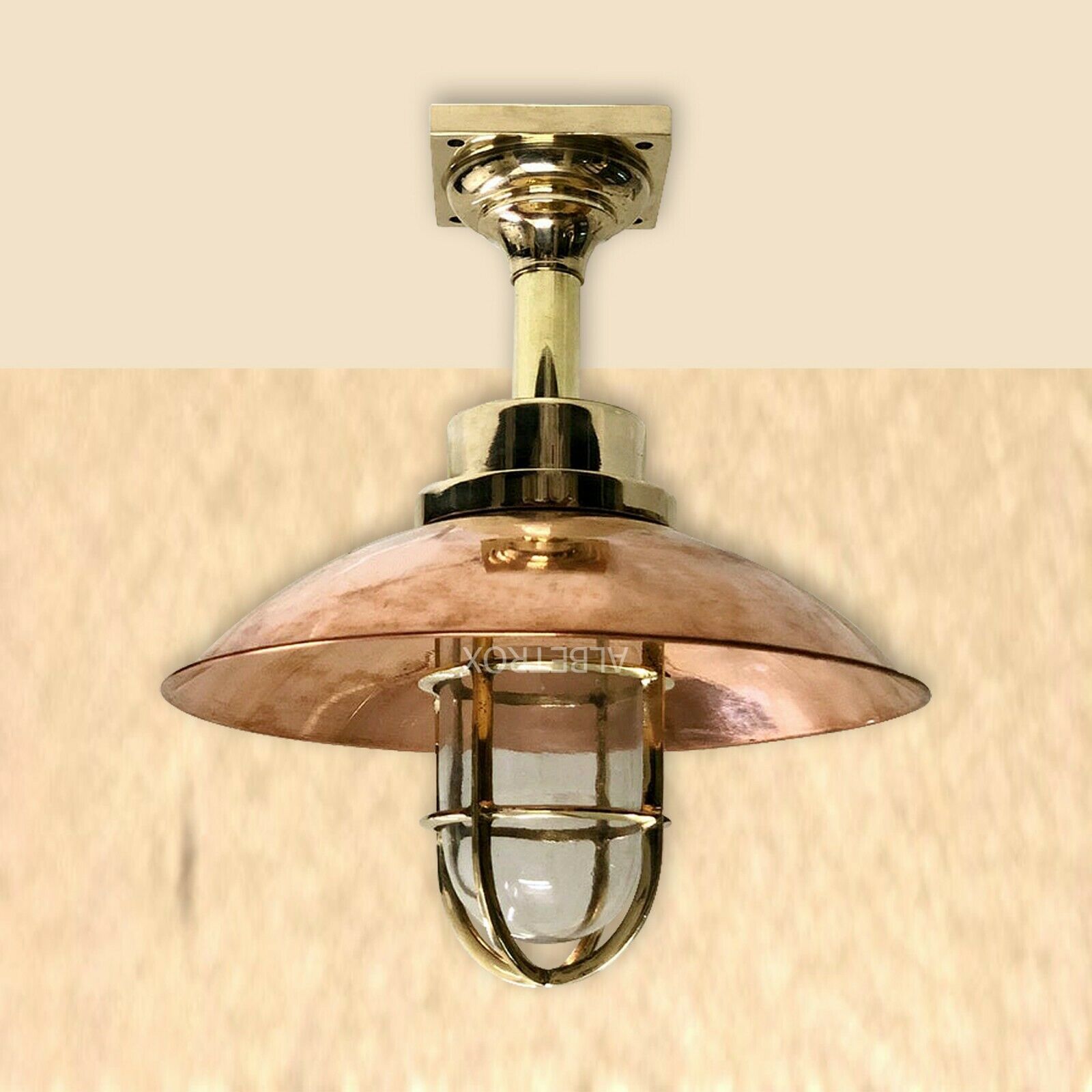 Nautical Bulkhead Light Brass Marine Vintage with Copper Shade Ceiling Light