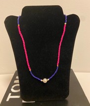 Pearl handmade necklace multicolour seed beaded pink navy blue summer handmade c - $15.00