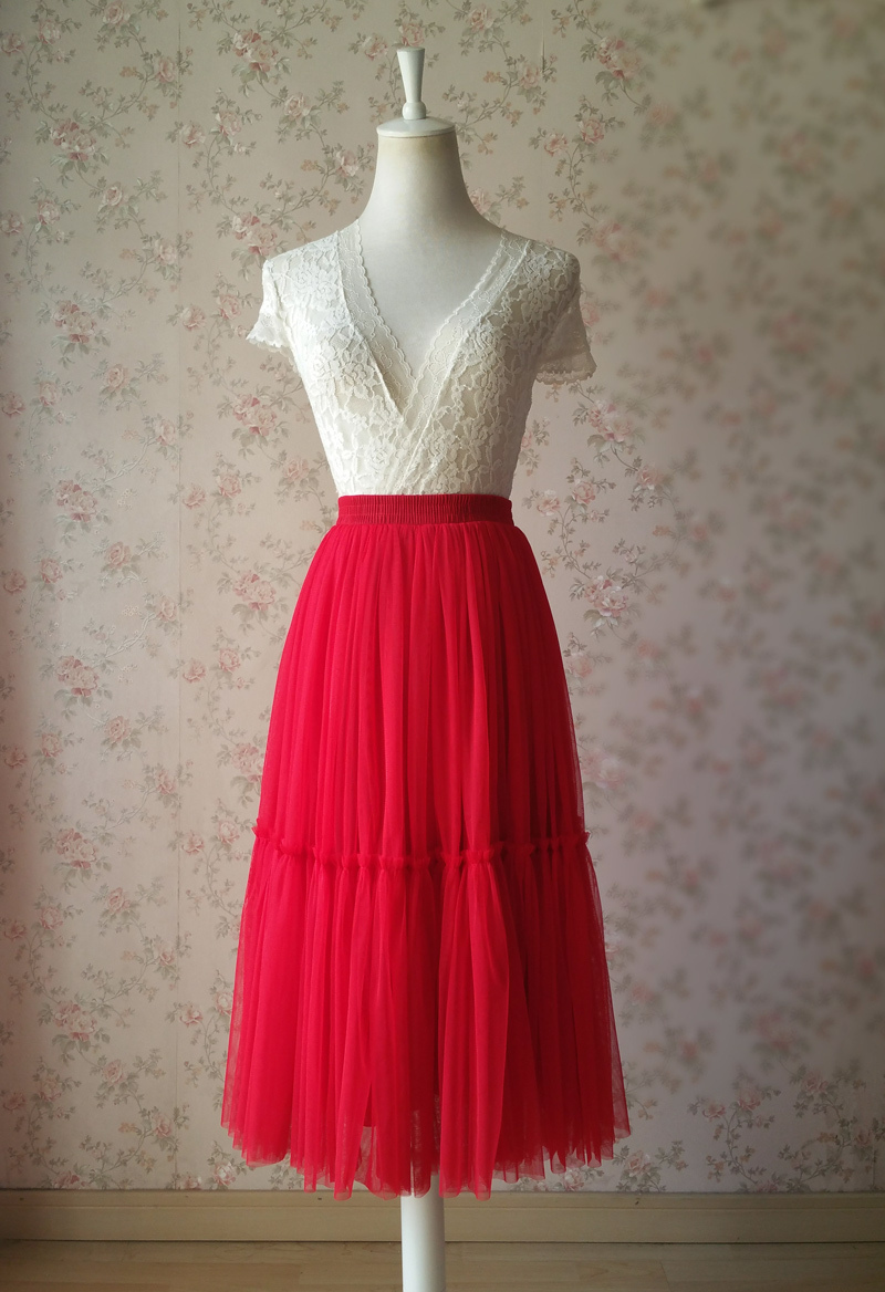 RED Midi Tulle Skirt Red Tiered Tulle Skirt High Waisted Red Tutu Midi Skirt