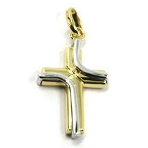 18K YELLOW & WHITE GOLD CROSS PENDANT, DOUBLE WAVE, TWO FACES, 1.18 INCHES image 4