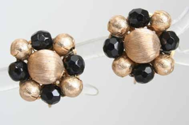 Accessocraft Gold-tone Black Cut Glass Clip Earrings 1960s vintage - $12.30