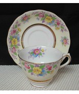 Vint COLCLOUGH China TEA CUP &amp; SAUCER Pale Yellow Band Floral Bouquet En... - $16.48
