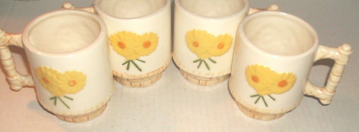 Primary image for 4 VINTAGE WHITE BASKET WEAVE YELLOW DAISY MUGS