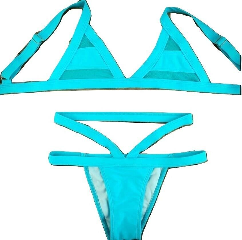 Sexy Women Mesh Body con Bikini Set Swimsuit Swimwear - Blue - Size Large