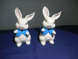 Vintage White Bunnies Rabbits with Blue Shirts Hand Painted 5 1/2&quot; - $11.99