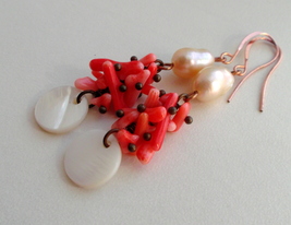 Handmade earrings dangle freshwater pearls, Pearl White Shell, pink cora... - $20.00