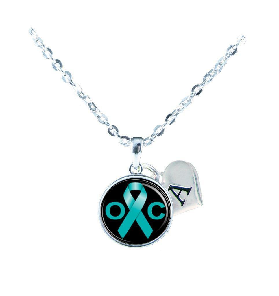 Custom Ovarian Cancer Awareness Teal Ribbon Silver Necklace Jewelry Initial