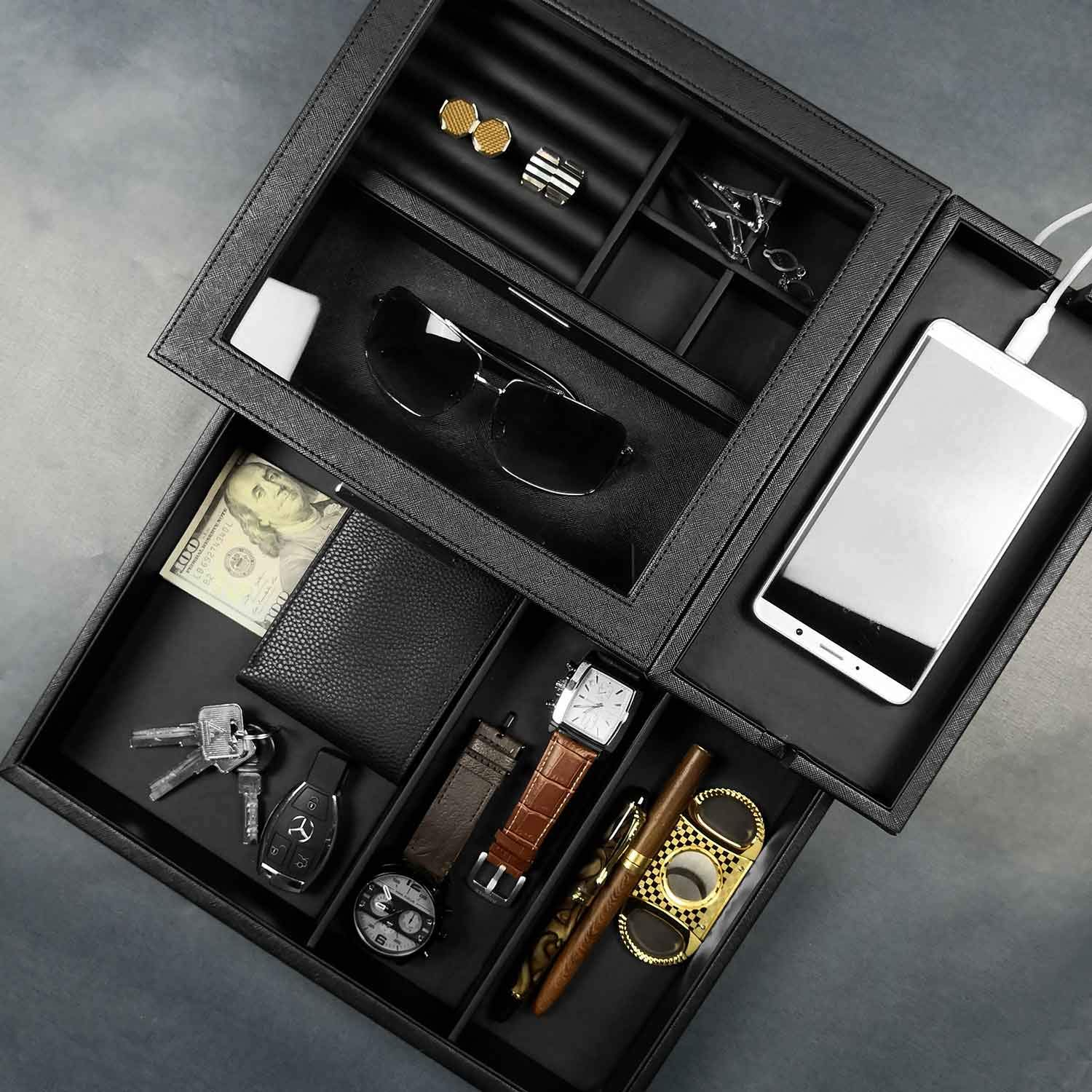 Lifomenz Co Mens Jewelry Box Valet Tray With Drawer And