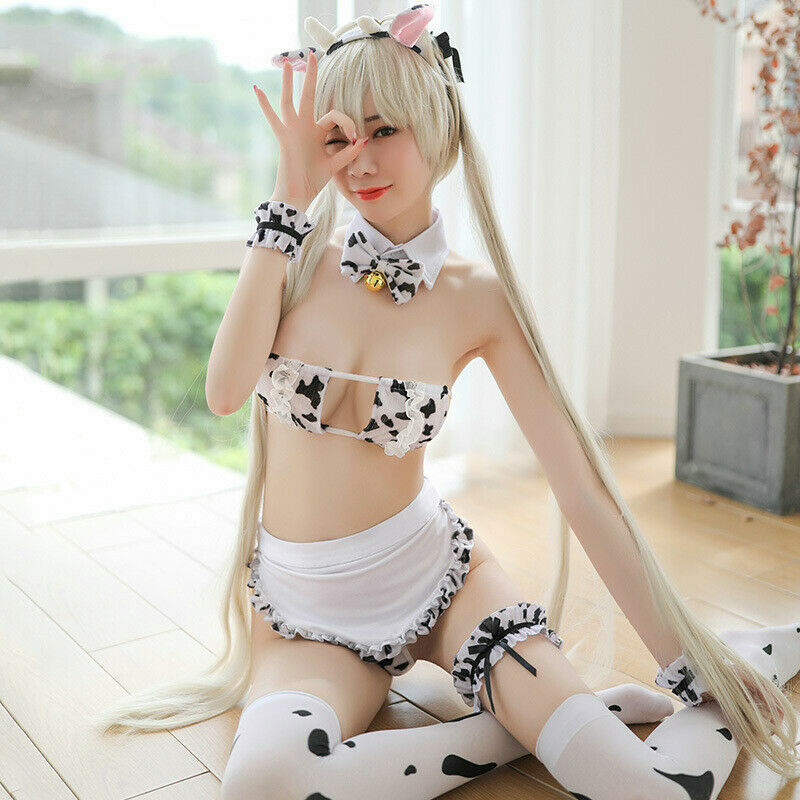Women Kawaii Cow Print Bikini Sets Maid Outfit Sexy Lingerie Cosplay Bra Set