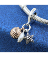 925 Sterling Silver Cultured Pearl, Starfish &amp; Shell Triple Dangle Charm... - $18.88