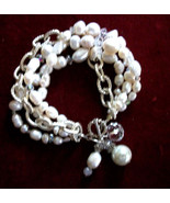 Artisan  Multistrand FW Pearls+rhinestones+Silver Chain Bracelet +EARRIN... - $25.73