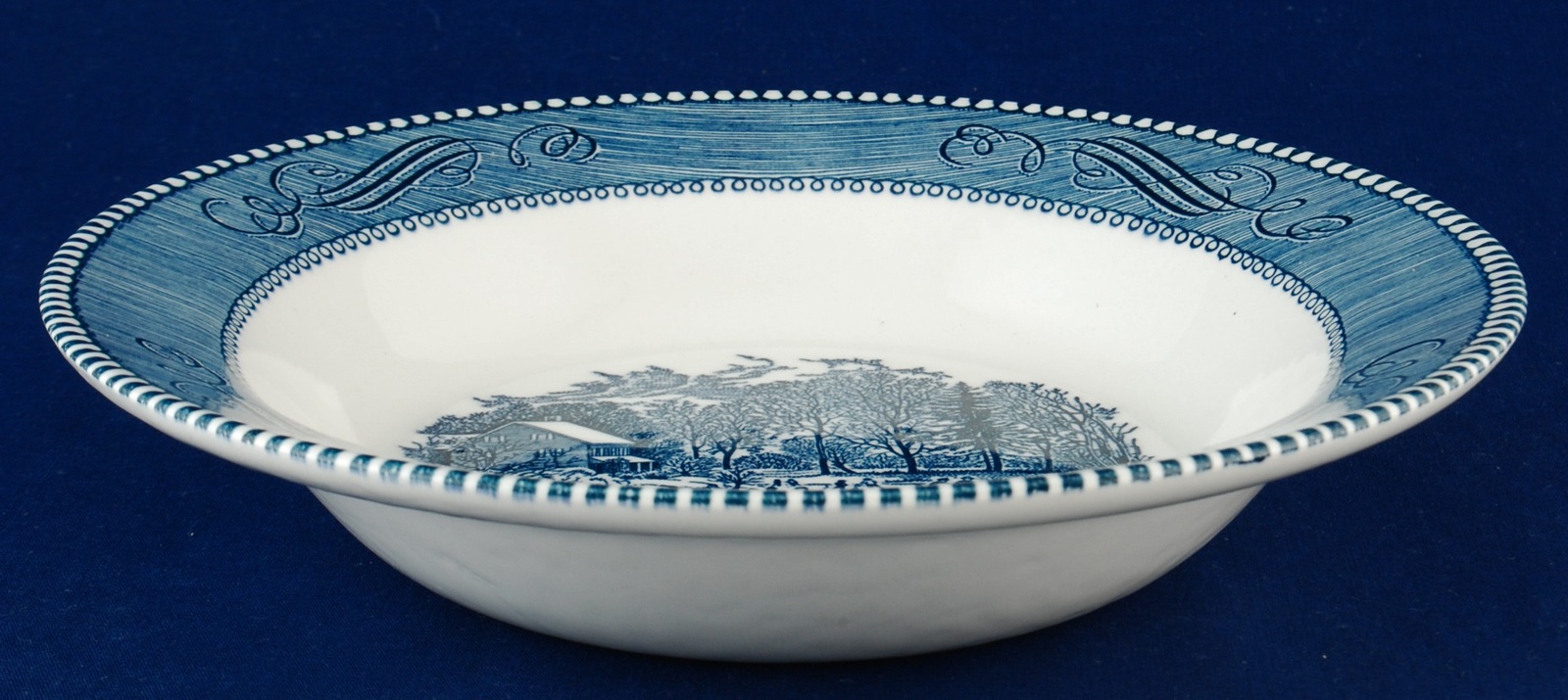 Royal USA CURRIER AND IVES BLUE Rim Soup Bowls 8 1/2" Early Winter   4 available 