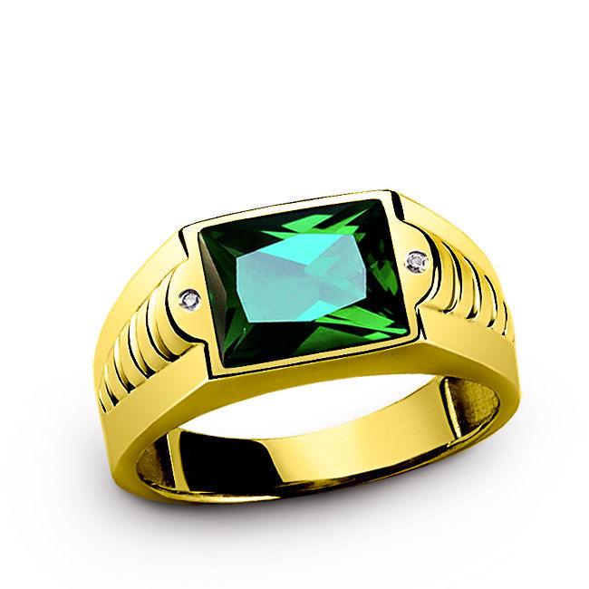 Green EMERALD Mens Ring in SOLID 14K GOLD Gemstone Ring with Diamond ...