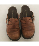 brown leather clog mule shoes wood wedge buckle earth shoes size worn pr... - $19.75