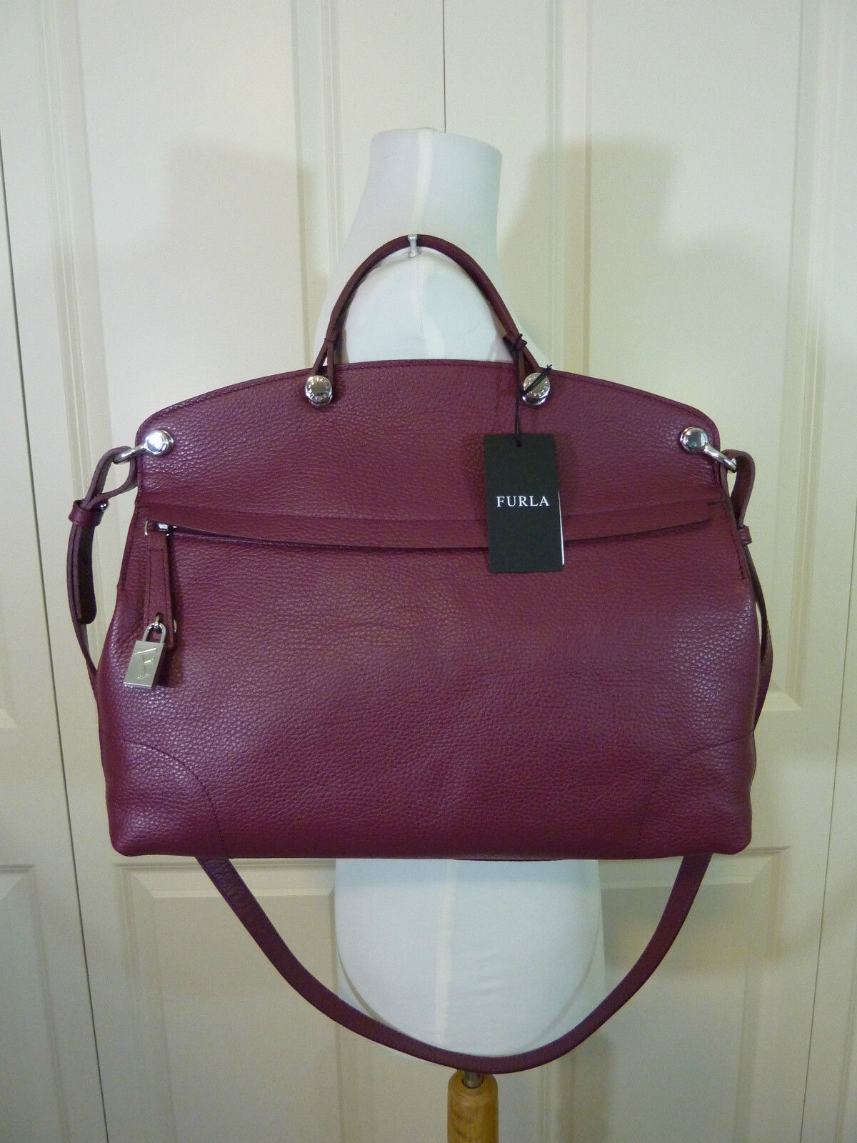 NWT FURLA Burgundy Red Wine Classic Pebbled Leather Piper Satchel Bag