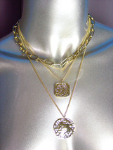 GORGEOUS Artisanal Triple Gold Chain Textured Coins Layered Drape Necklace - $29.99