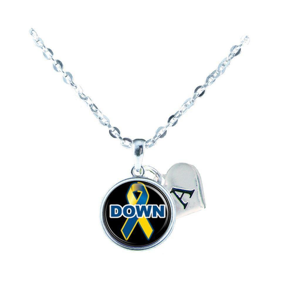 Custom Down Syndrome Awareness Ribbon Silver Necklace Jewelry Initial Family