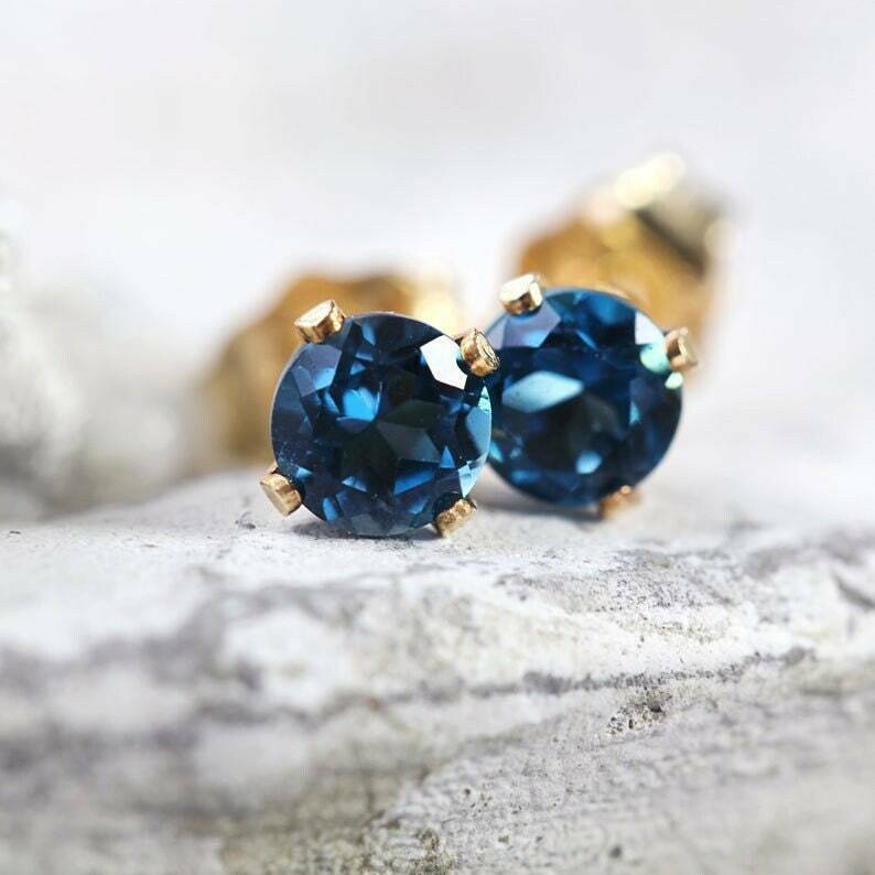Unbranded - Solid gold blue topaz ear studs 5 mm round london blue topaz tiny earstuds