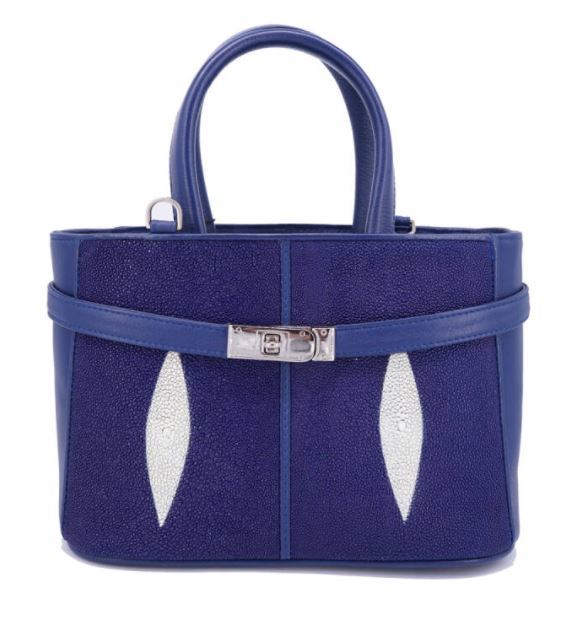 Genuine Stingray Skin Handbag / Shoulder Bag Long Adjusted Strap Women Navy Blue