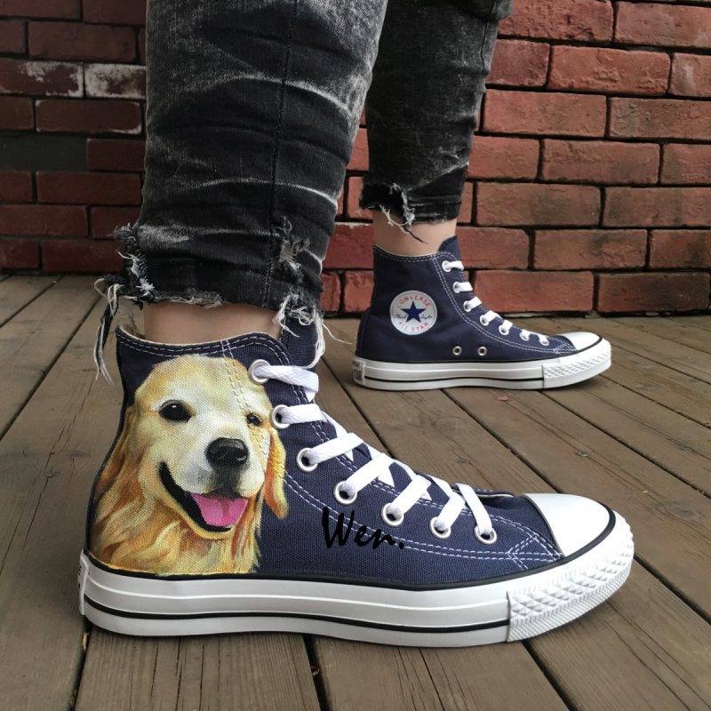 Blue Converse All Star Pet Dog Golden Retriever Design Hand Painted Shoes
