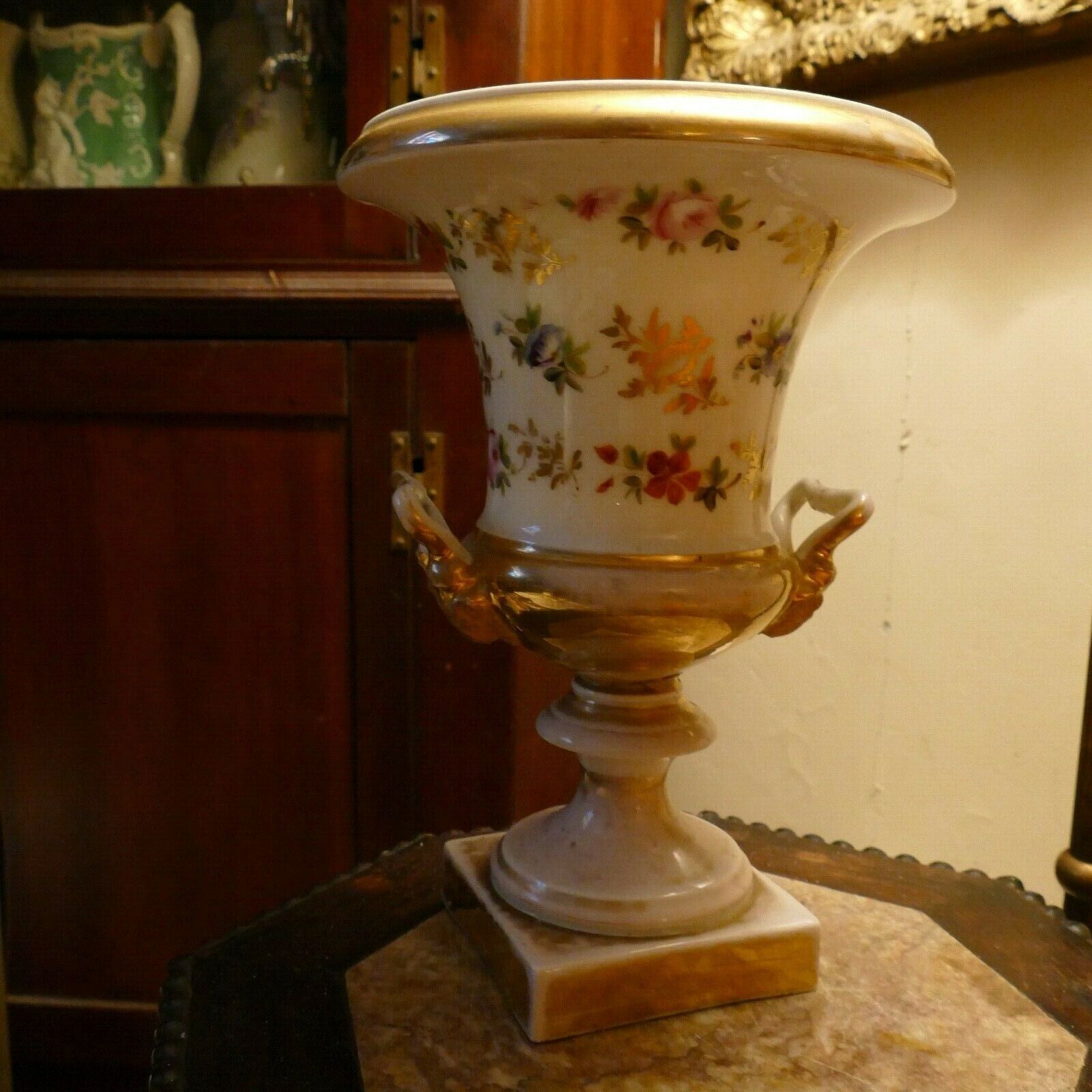 Antique Old Paris Porcelain Urn Vase Floral RAMS HEAD HANDLES GOLD GILT Urns