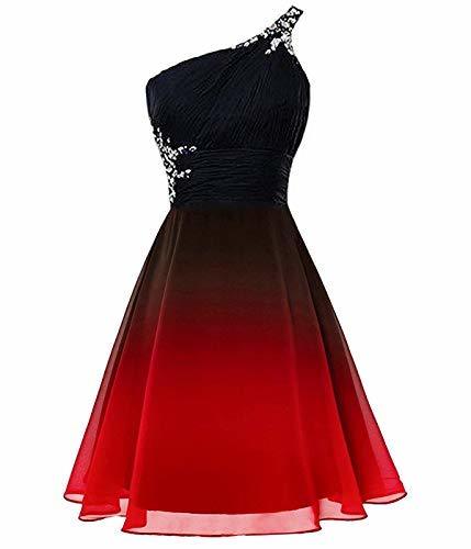 Kivary Beaded One Shoulder Short Ombre Chiffon Prom Homecoming Dresses Black Red