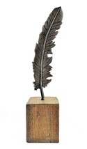 Metal Feather on Wood Block Pedestal Sculpture - Art - $32.38
