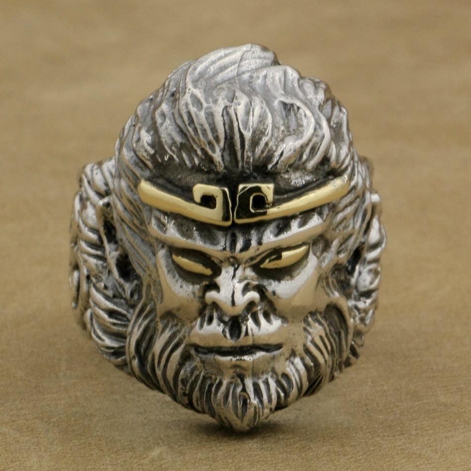 LINSION 925 Sterling Silver Chinese Monkey King WuKong Ring Mens Biker Size 9~11
