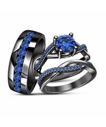 14K BLACK GOLD FINISH BLUE SAPPHIRE ENGAGEMENT RING WEDDING BAND TRIO SET - $176.59