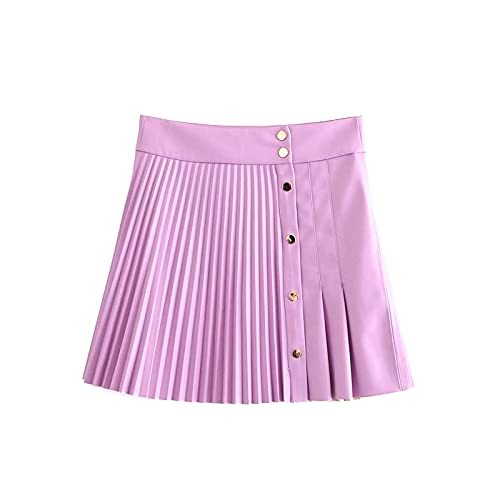 Chic Fashion Faux Leather Pleated Mini Skirt Femme Vintage Patchwork Metal Snap