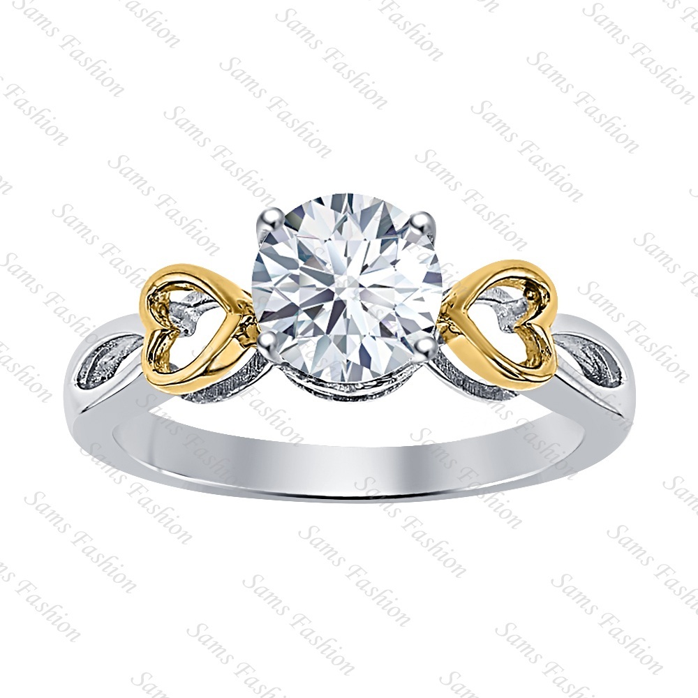 Round Cut Diamond 14k Two Tone Gold Over .925 Silver Double Heart Ring For Women