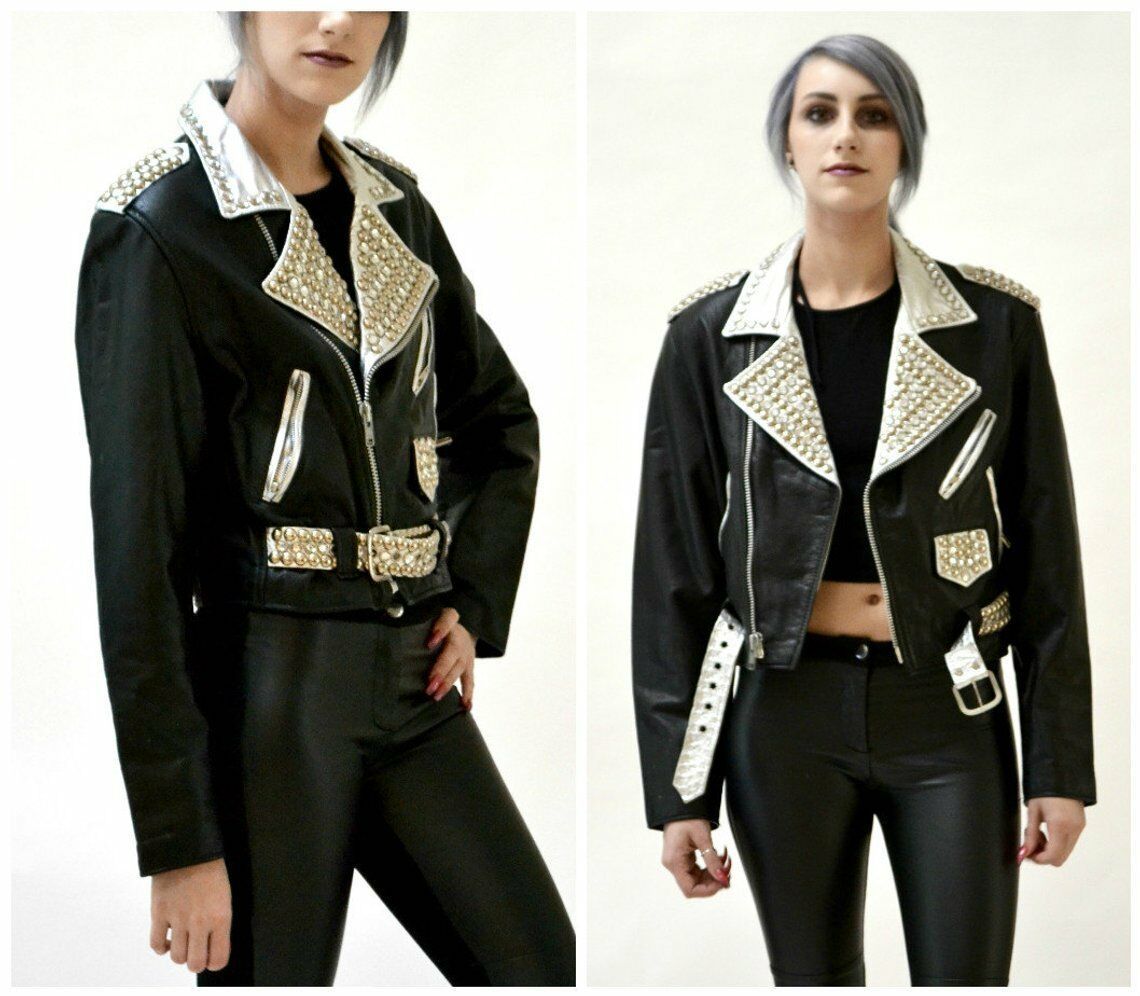 Women's Black Biker Leather Coat Gold Silver Cont Studded Handmade Belted Jacket