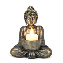 Sitting Buddha Tealight Candle Holder Antique Silver Meditate Zen Buddhism 6" H