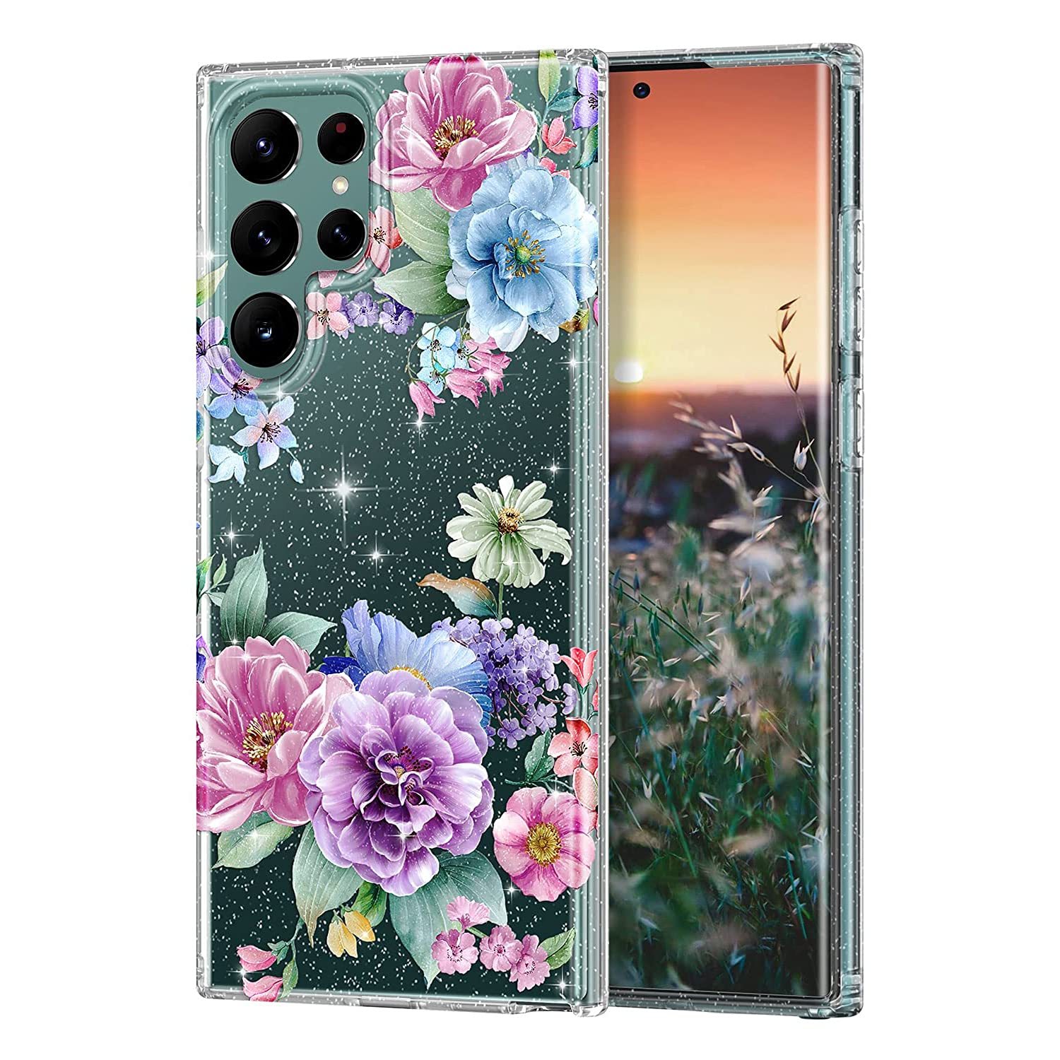 For Samsung Galaxy S22 Ultra 5G Case, Floral Crystal Clear Bling Sparkly Glitter