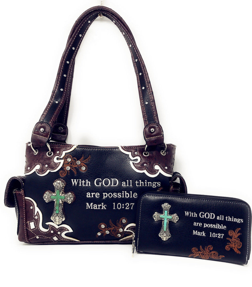 Premium Rhinestone Bible Verse Stone Cross Concealed Carry Handbag/Wallet In Mul