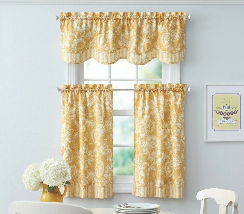Yellow Country Jacobean Floral Stripe Kitchen Curtains Tiers or Valance