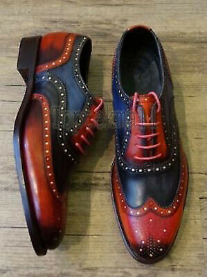 Handmade Men's Leather Patina Red and Black Wingtip Oxfords Custom Shoes-415