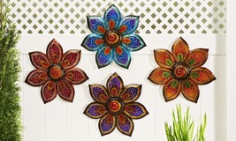 Flower Wall Plaques Set of 4 Painted Glass and Iron Indoor Outdoor 18" x 18" image 2