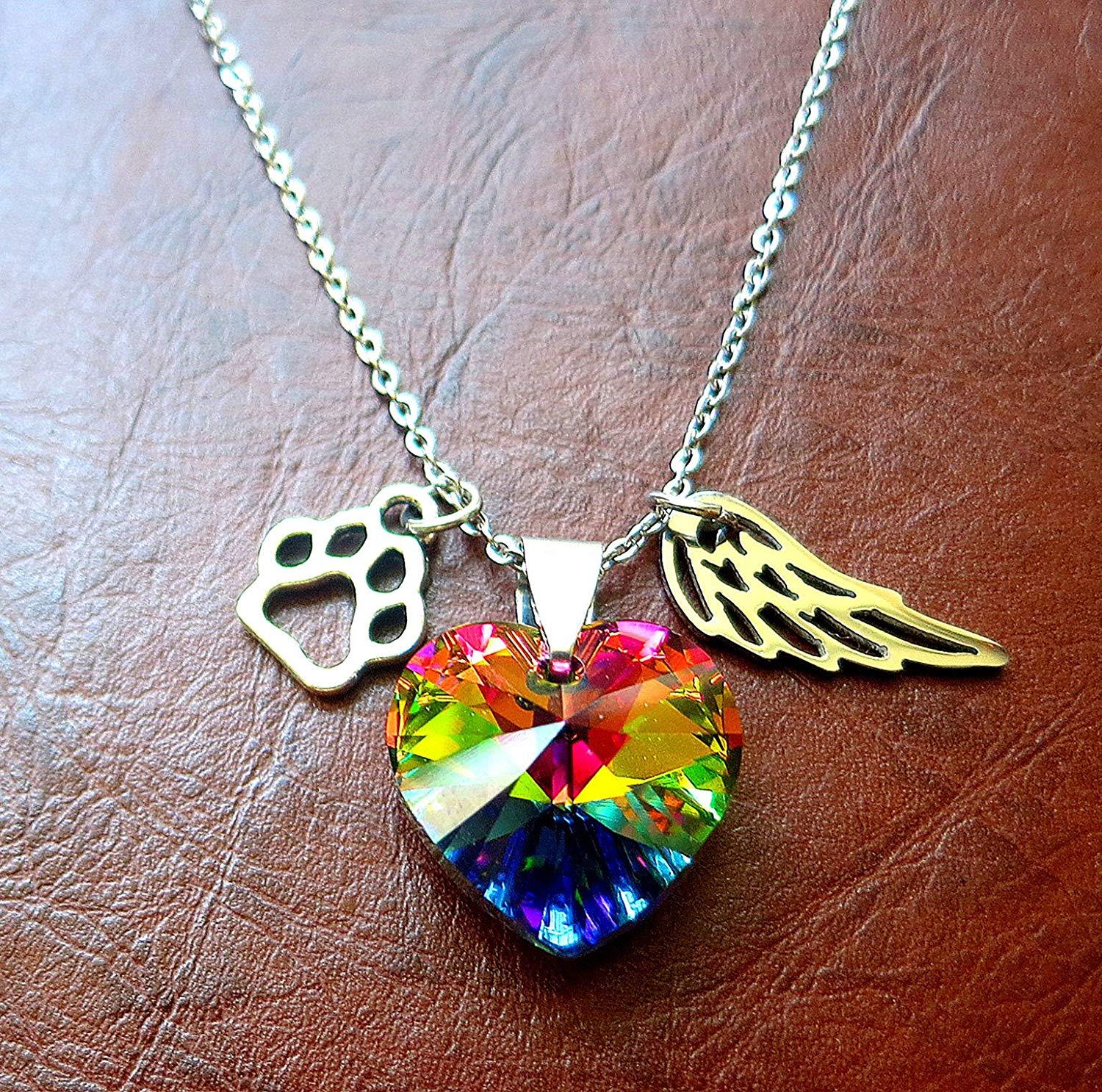 Rainbow Bridge Paw Print and Angel Wing Stainless Steel Necklace with
