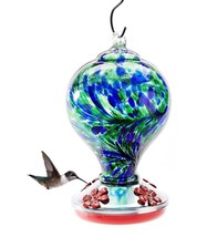 Hummingbird Feeder With Cover 8.8" High Hanging Painted Glass Plastic Blue Green image 2